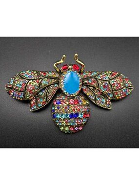 XL Colorful Rhinestone Bee Brooch Pin Gold-Tone Detailing 4" Costume